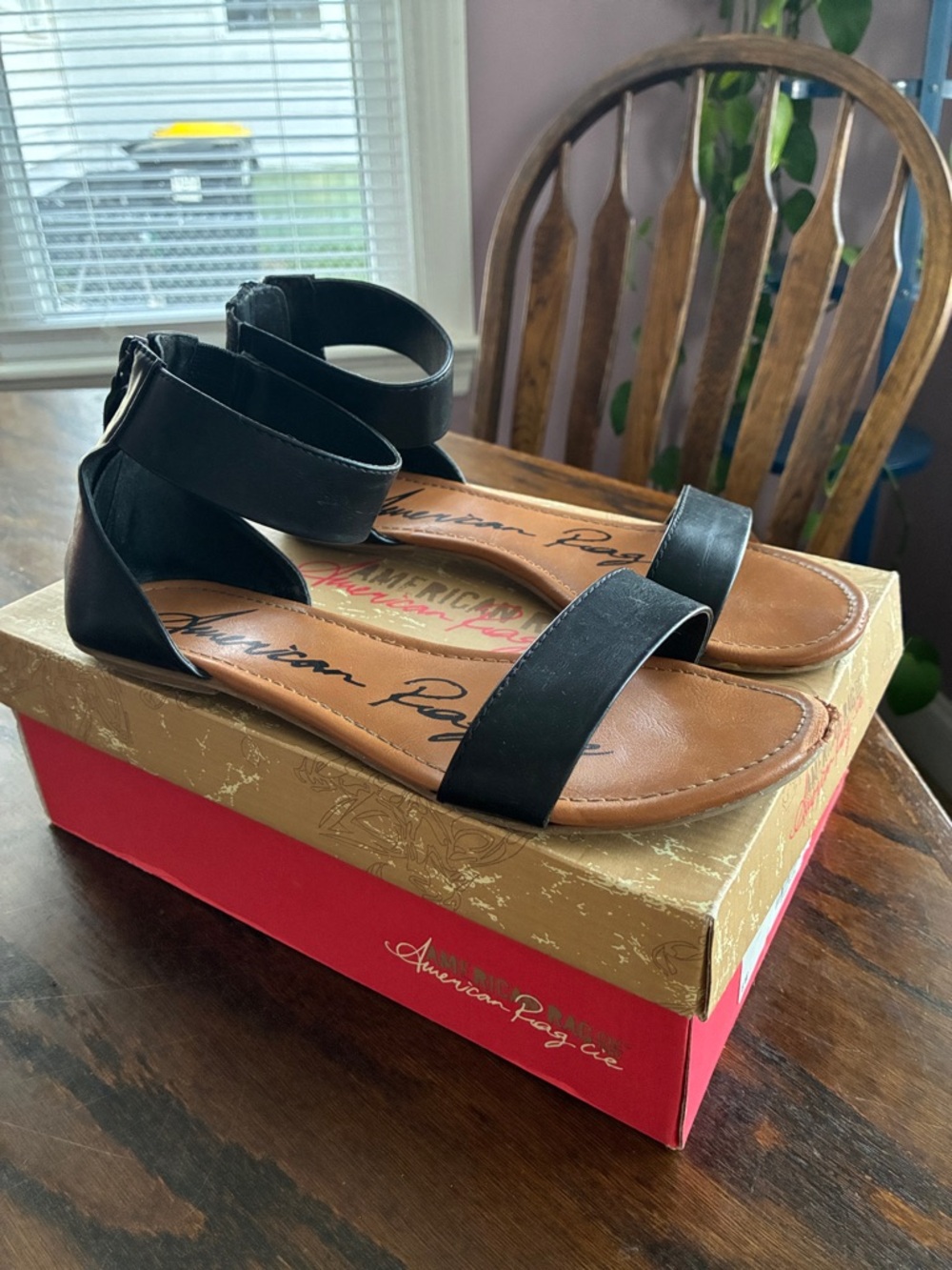 American Rag Black Strappy Ankle-Zip Flat Sandals